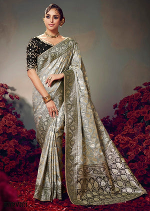 Light Grey Zari Woven Satin Silk Saree with Designer Blouse