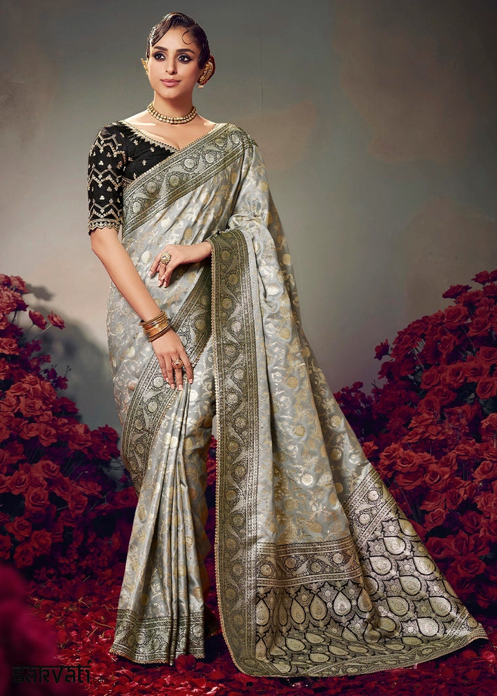 Light Grey Zari Woven Satin Silk Saree with Designer Blouse