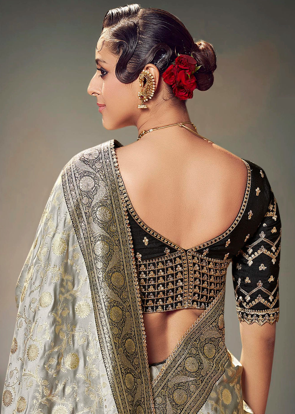 Light Grey Zari Woven Satin Silk Saree with Designer Blouse