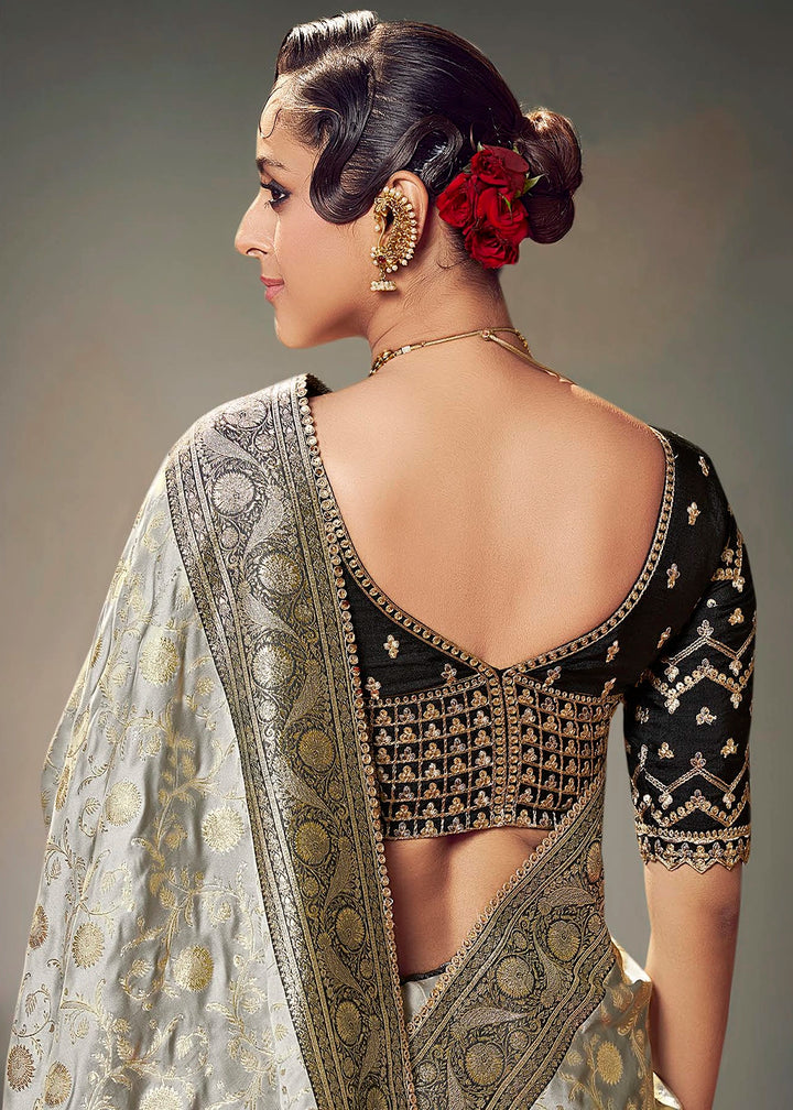 Light Grey Zari Woven Satin Silk Saree with Designer Blouse