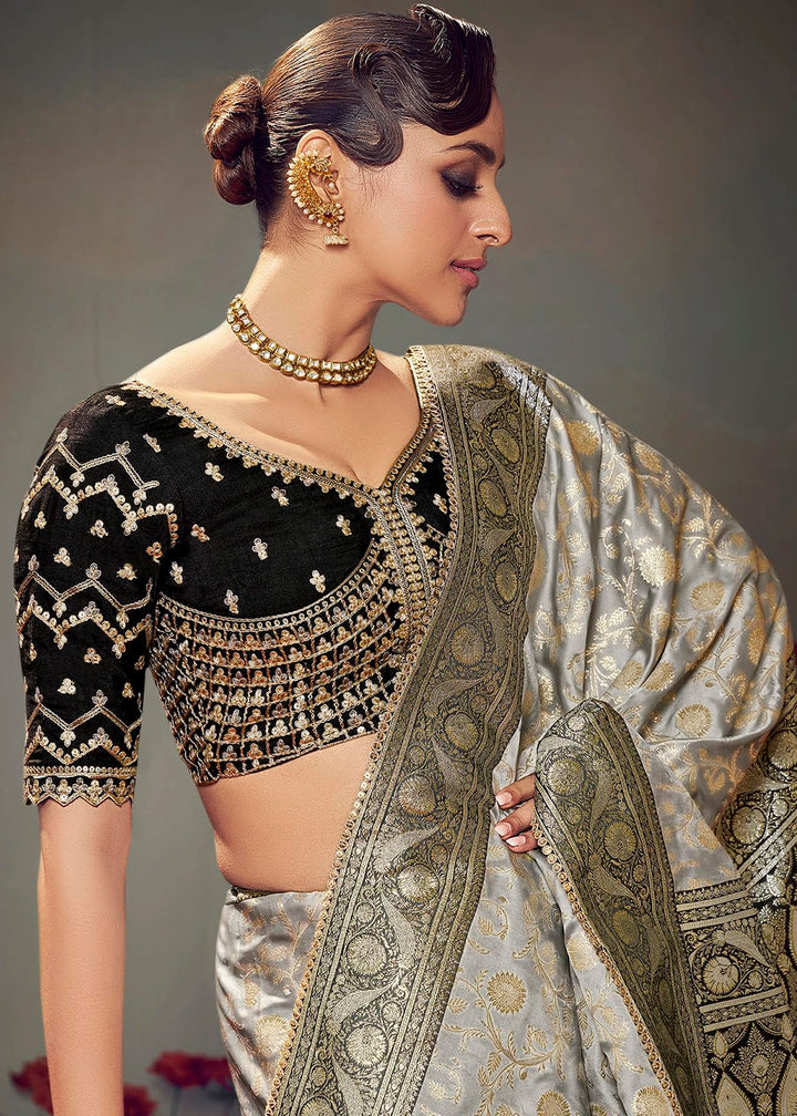 Light Grey Zari Woven Satin Silk Saree with Designer Blouse