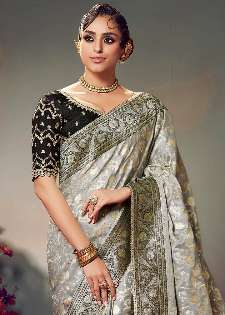 Light Grey Zari Woven Satin Silk Saree with Designer Blouse