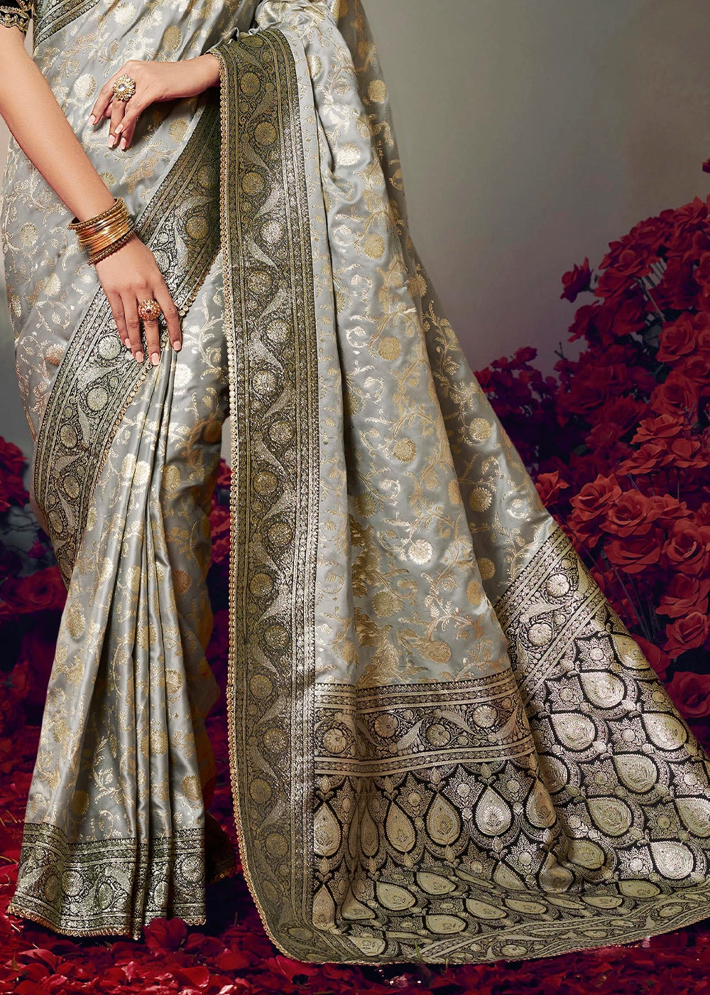 Light Grey Zari Woven Satin Silk Saree with Designer Blouse