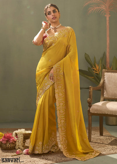 Aureolin Yellow Uppada Silk Saree with Delicate Embroidered Detailing