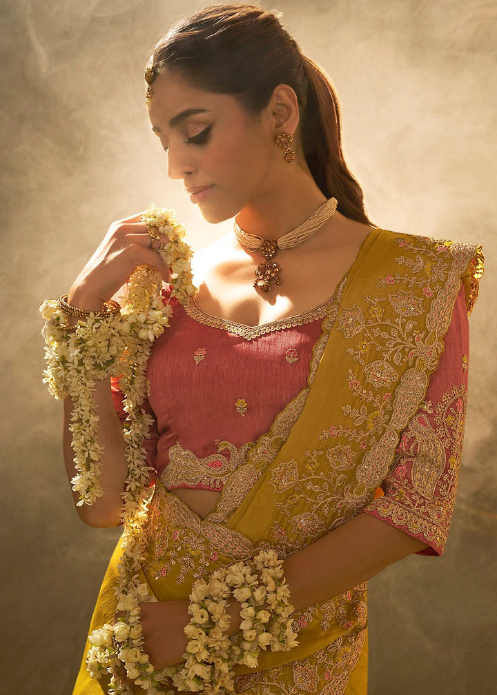 Aureolin Yellow Uppada Silk Saree with Delicate Embroidered Detailing