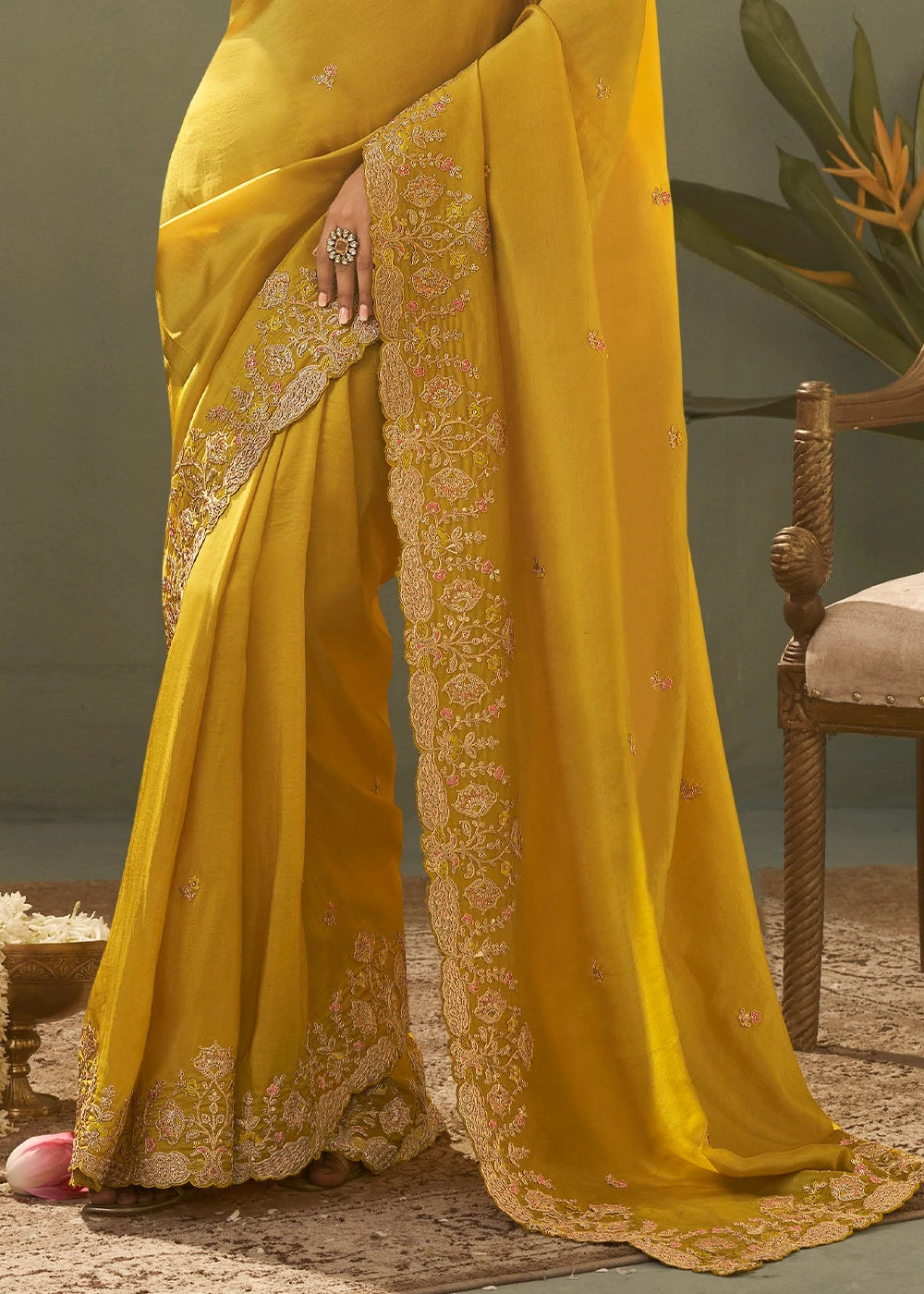 Aureolin Yellow Uppada Silk Saree with Delicate Embroidered Detailing
