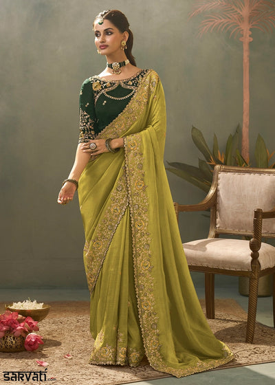 Light Olive Green Uppada Silk Saree with Delicate Embroidered Detailing
