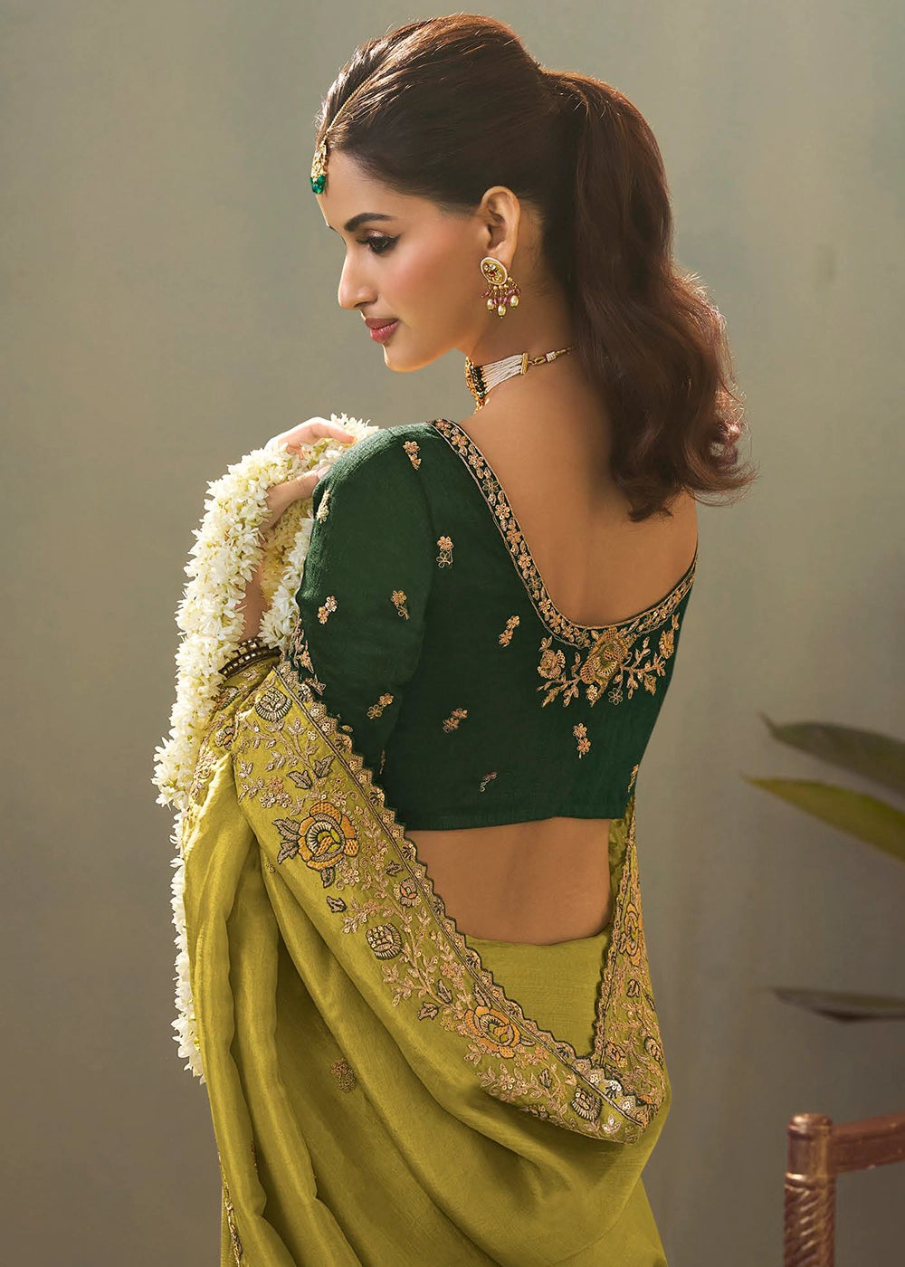 Light Olive Green Uppada Silk Saree with Delicate Embroidered Detailing