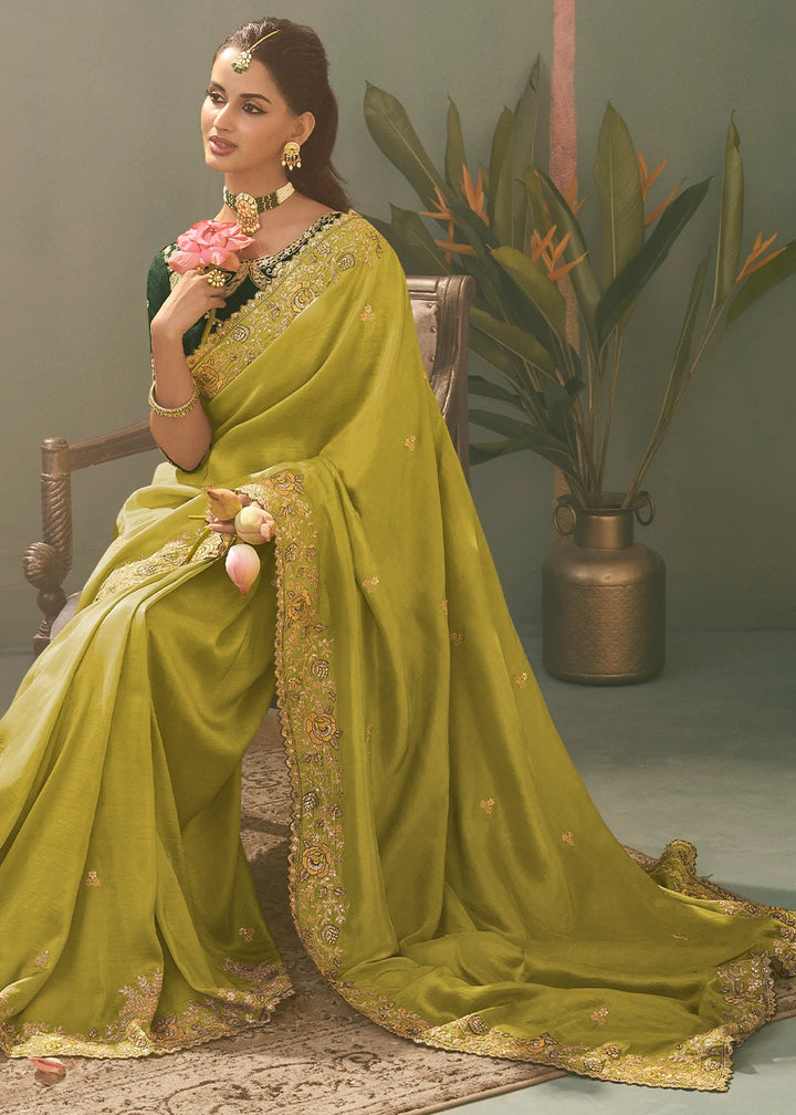 Light Olive Green Uppada Silk Saree with Delicate Embroidered Detailing