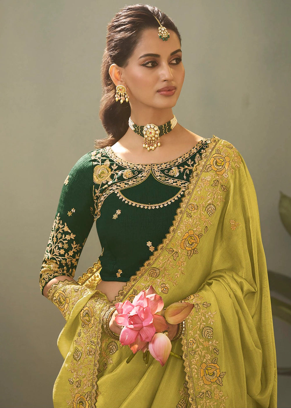 Light Olive Green Uppada Silk Saree with Delicate Embroidered Detailing