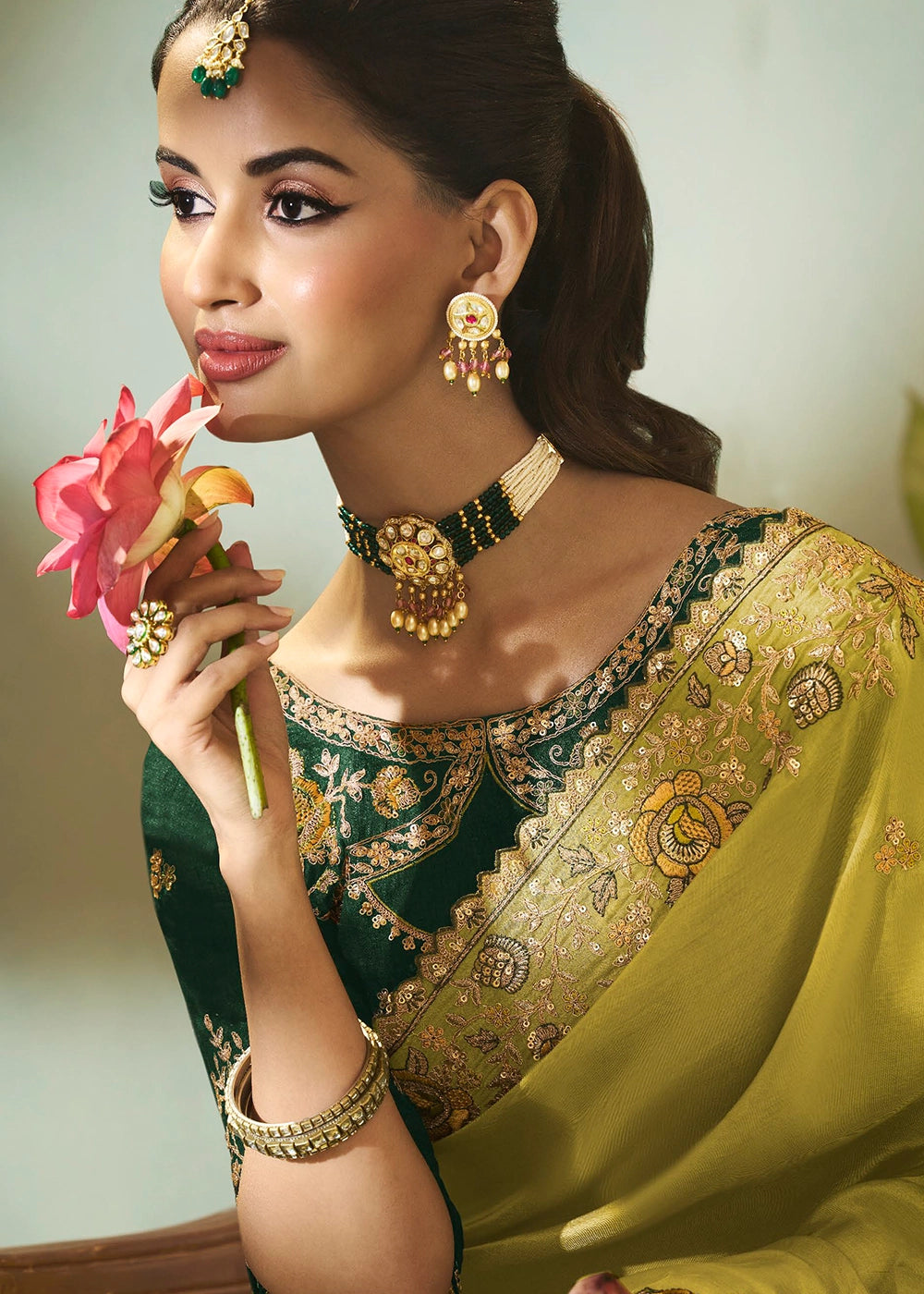 Light Olive Green Uppada Silk Saree with Delicate Embroidered Detailing