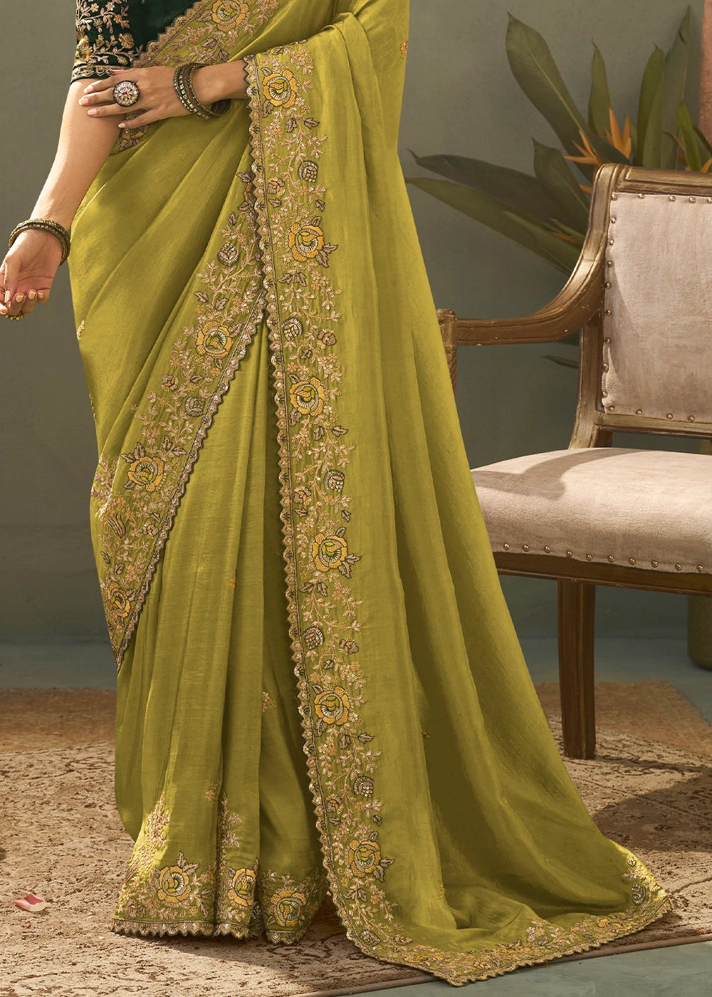 Light Olive Green Uppada Silk Saree with Delicate Embroidered Detailing