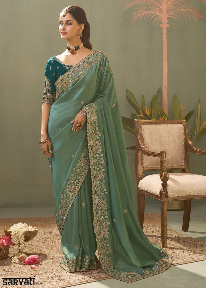 Stone Blue Uppada Silk Saree with Delicate Embroidered Detailing