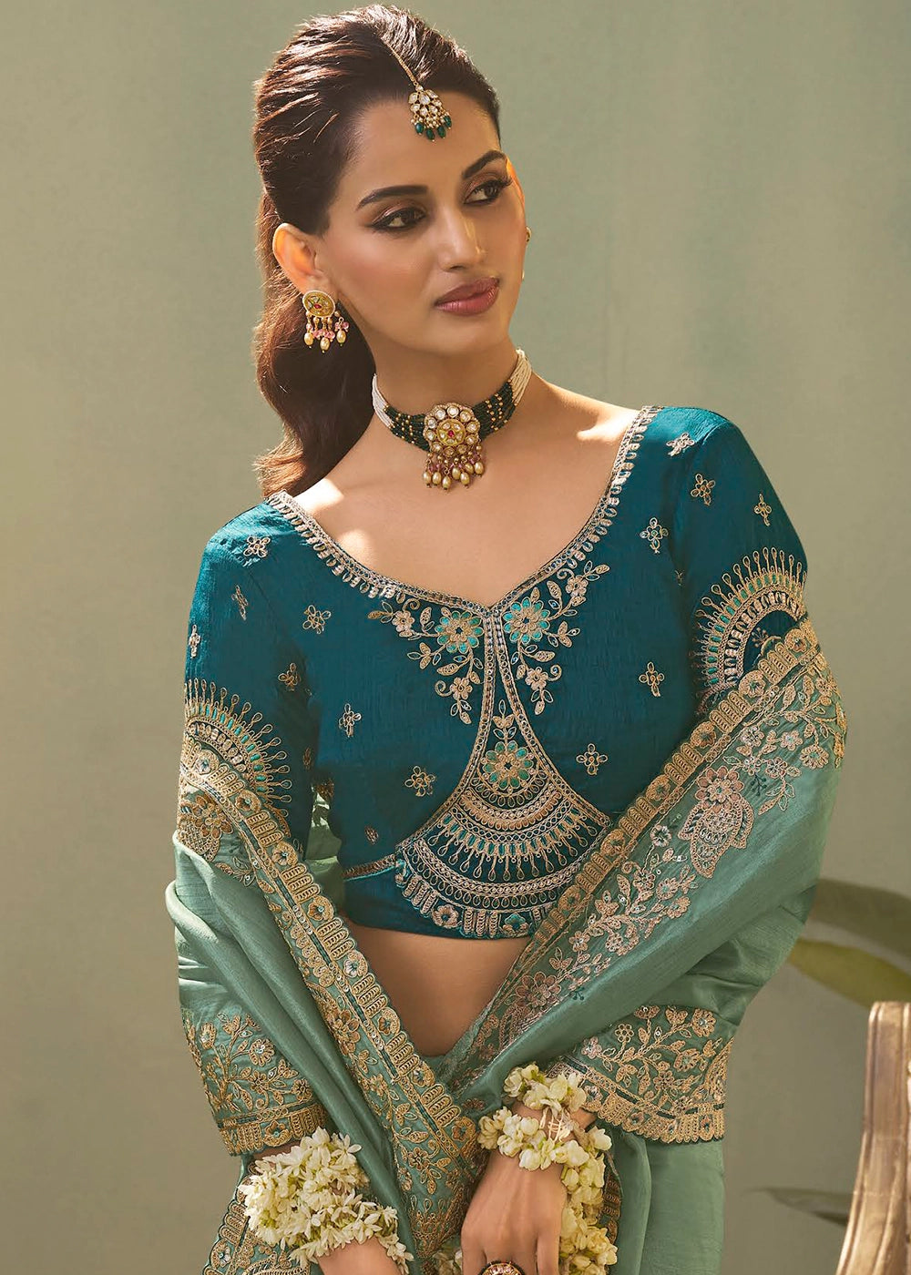 Stone Blue Uppada Silk Saree with Delicate Embroidered Detailing