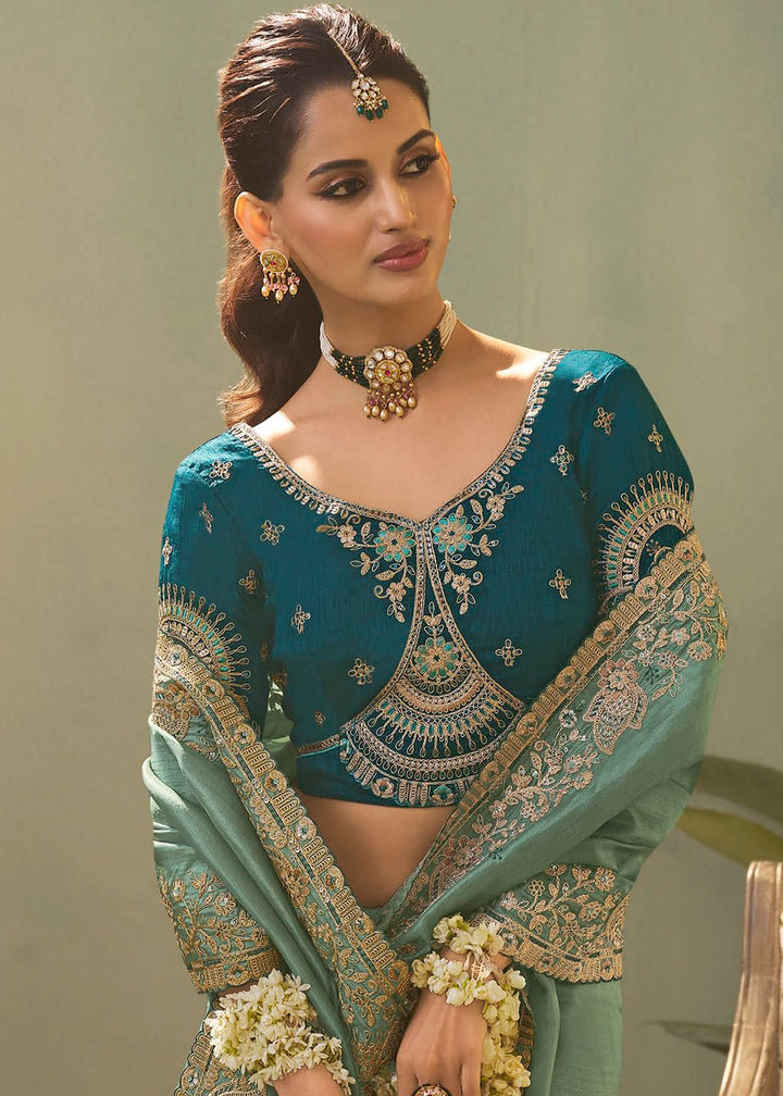 Stone Blue Uppada Silk Saree with Delicate Embroidered Detailing
