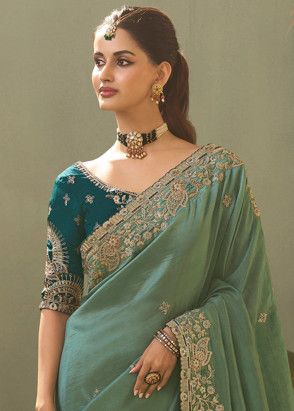 Stone Blue Uppada Silk Saree with Delicate Embroidered Detailing