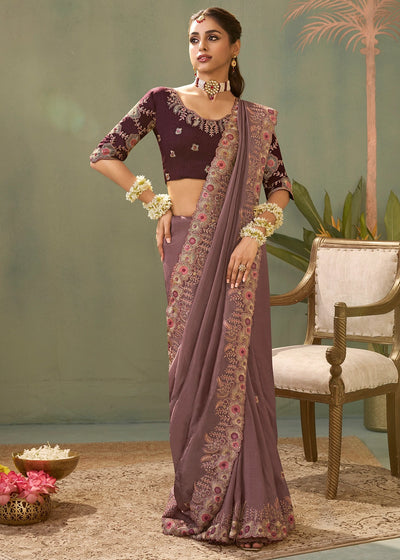 Opera Mauve Purple Uppada Silk Saree with Delicate Embroidered Detailing