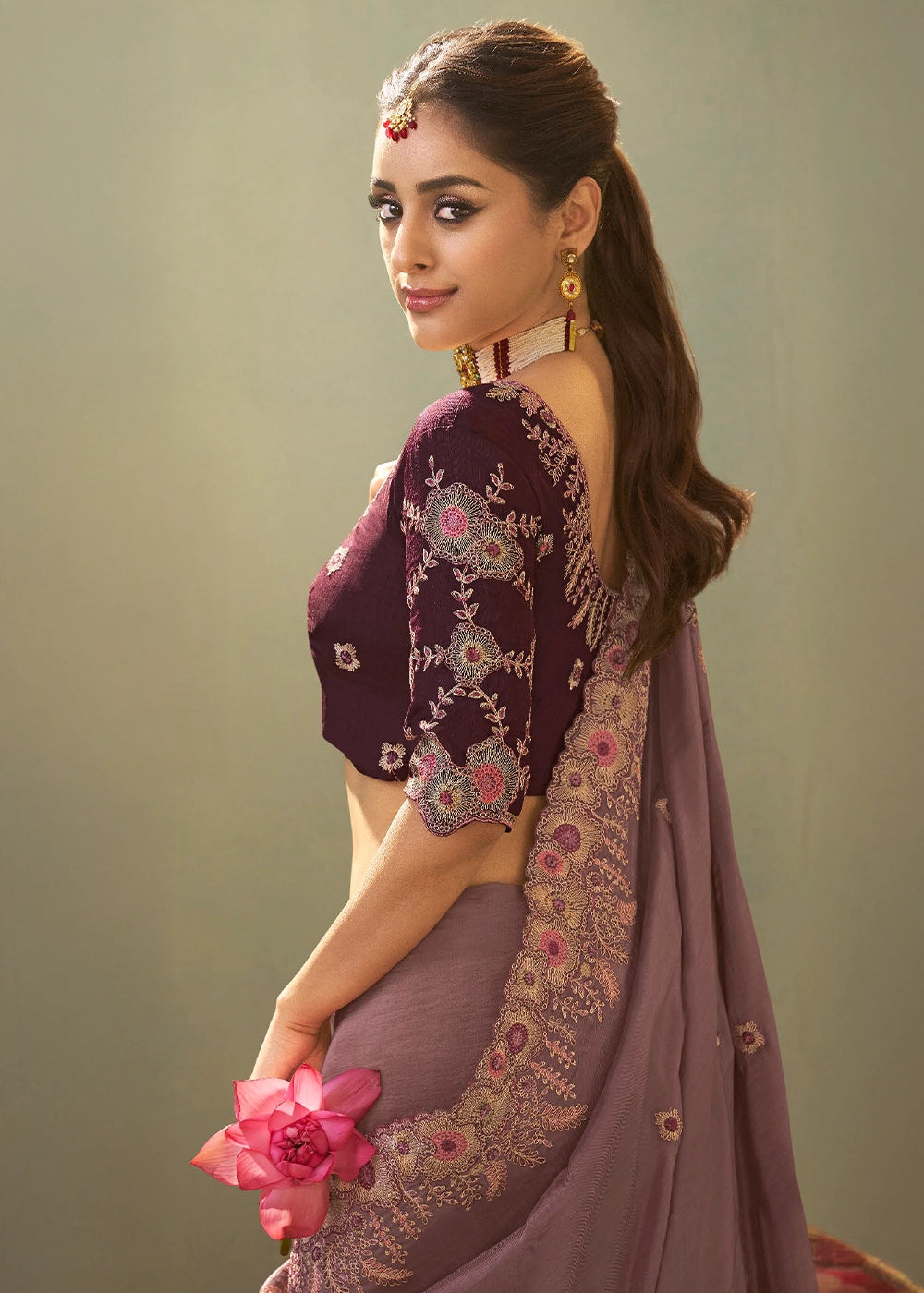 Opera Mauve Purple Uppada Silk Saree with Delicate Embroidered Detailing