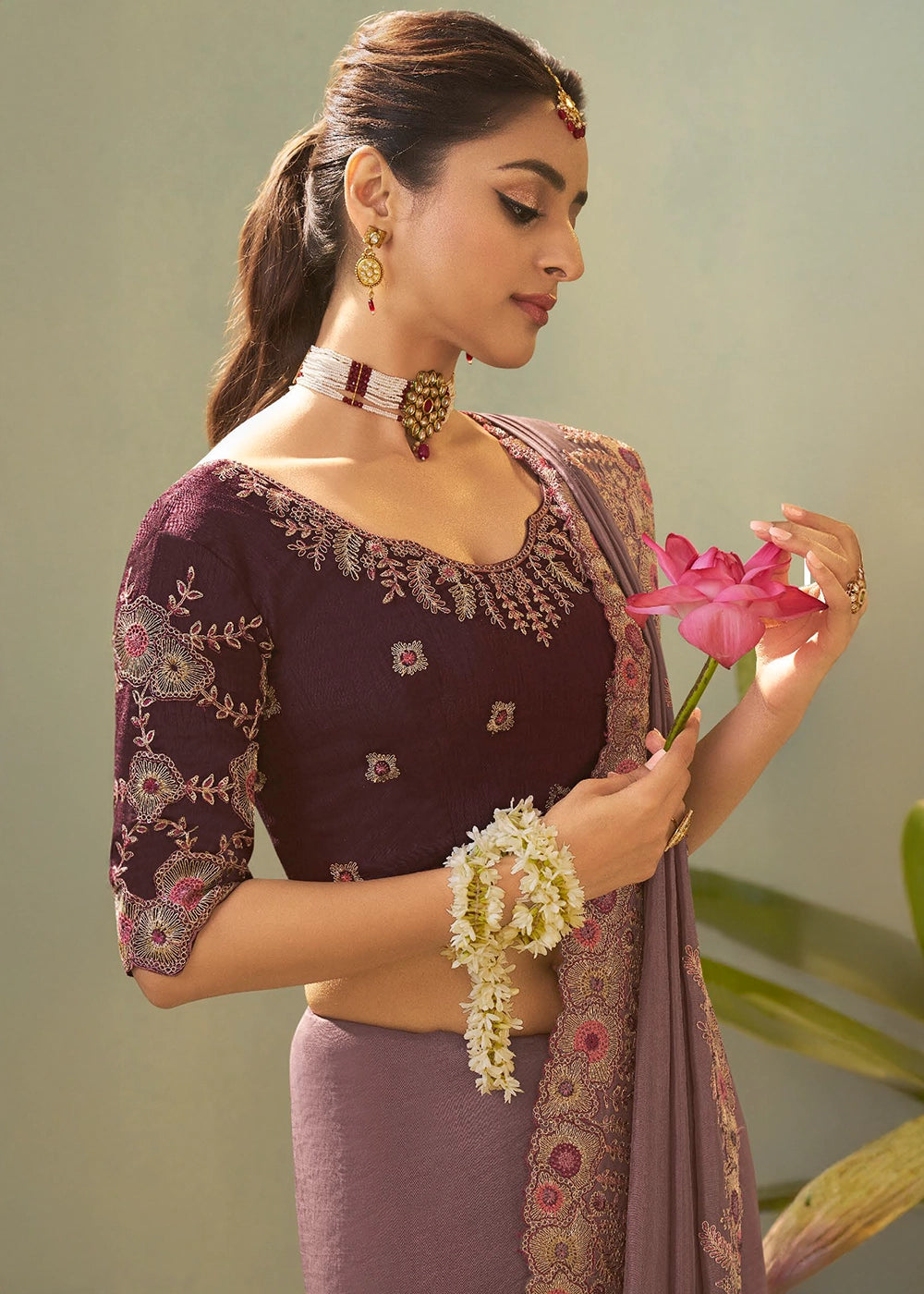 Opera Mauve Purple Uppada Silk Saree with Delicate Embroidered Detailing
