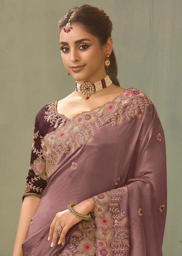 Opera Mauve Purple Uppada Silk Saree with Delicate Embroidered Detailing