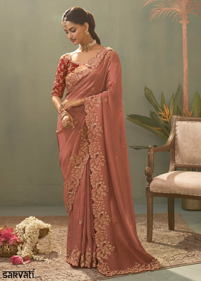 Amber Brown Uppada Silk Saree with Delicate Embroidered Detailing