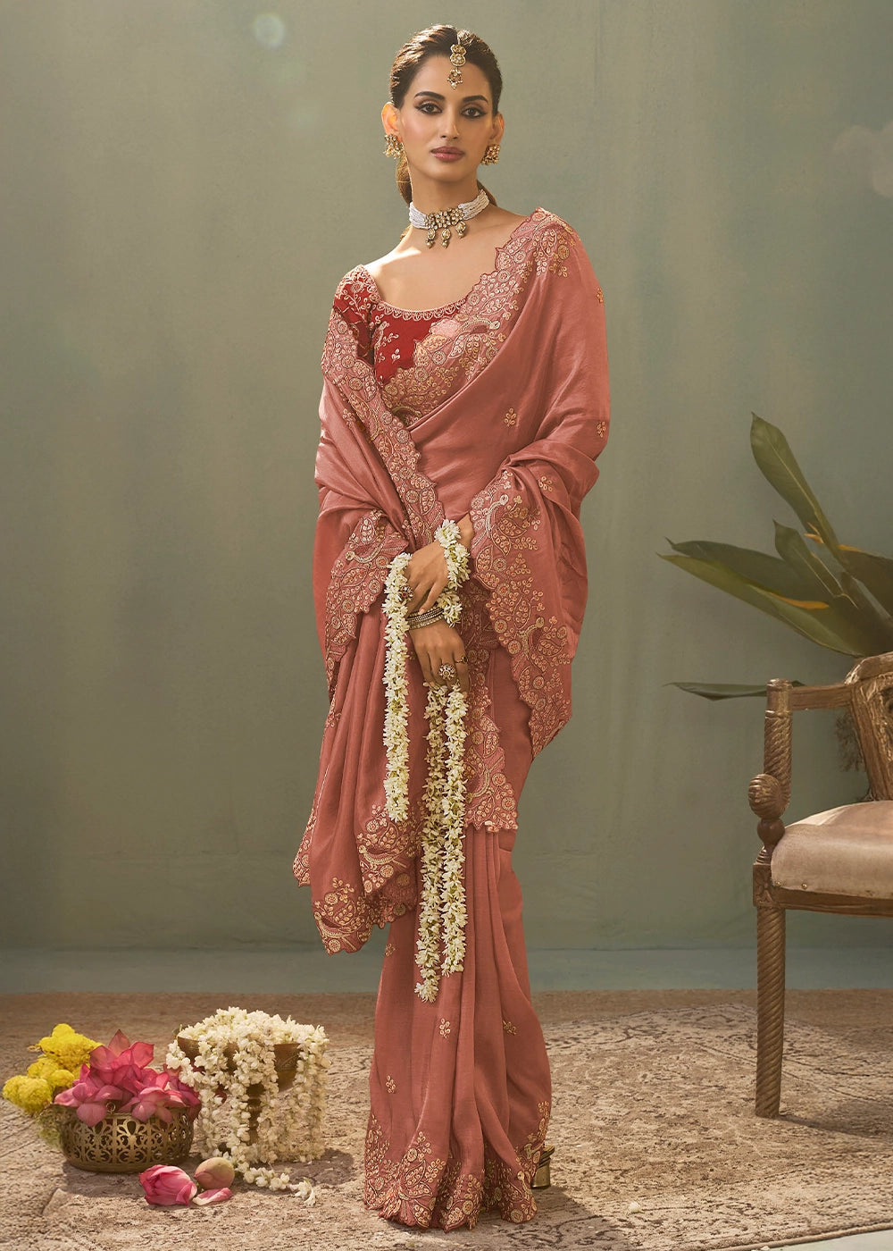 Amber Brown Uppada Silk Saree with Delicate Embroidered Detailing