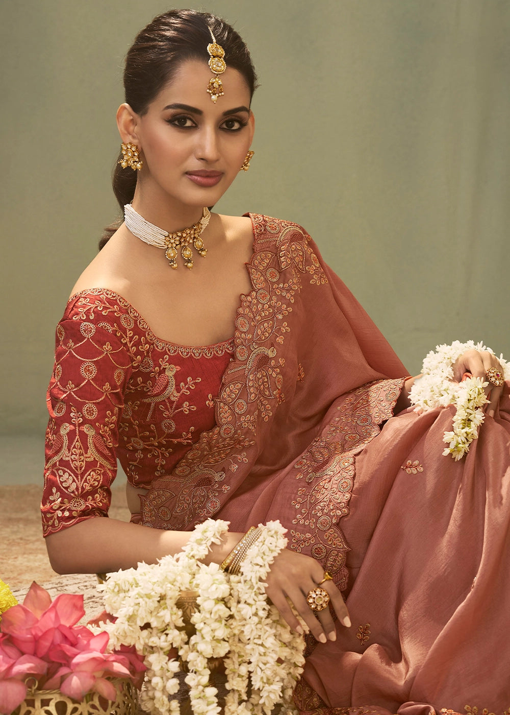 Amber Brown Uppada Silk Saree with Delicate Embroidered Detailing