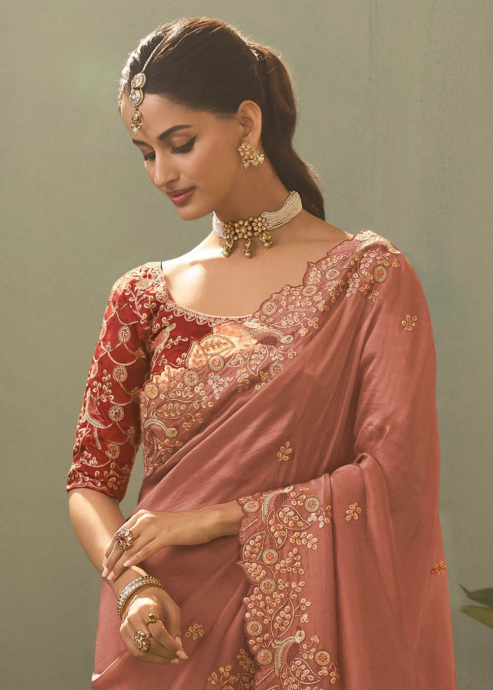 Amber Brown Uppada Silk Saree with Delicate Embroidered Detailing