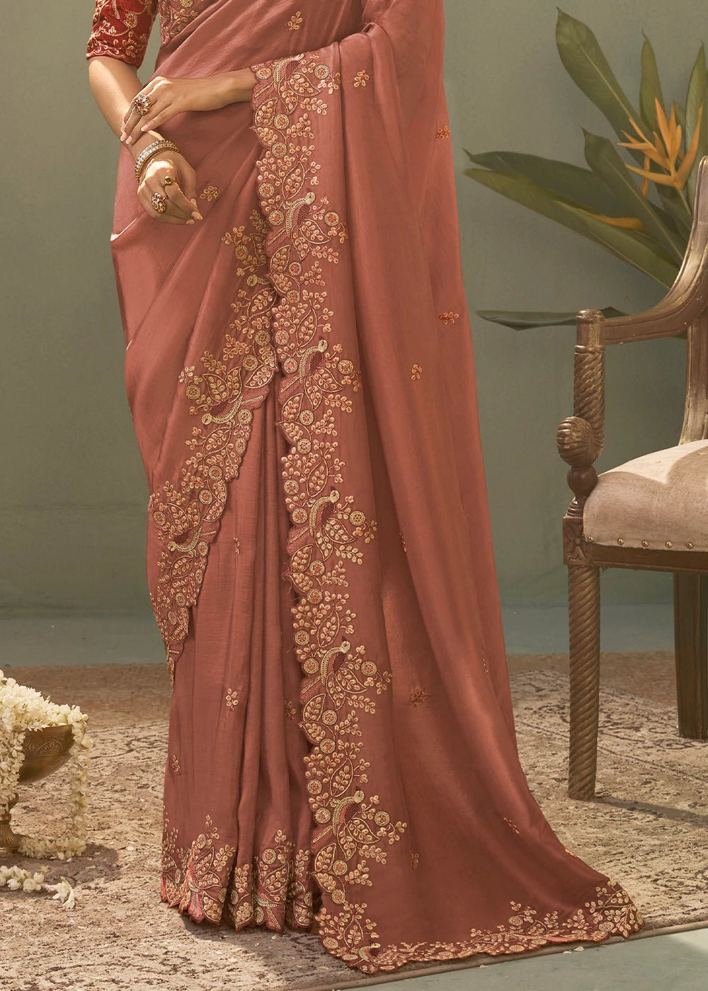 Amber Brown Uppada Silk Saree with Delicate Embroidered Detailing