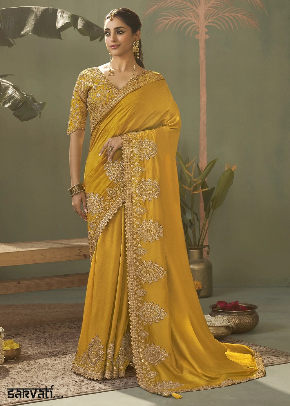 Mustard Yellow Silk Saree with Fine Gota Patti Embellishment