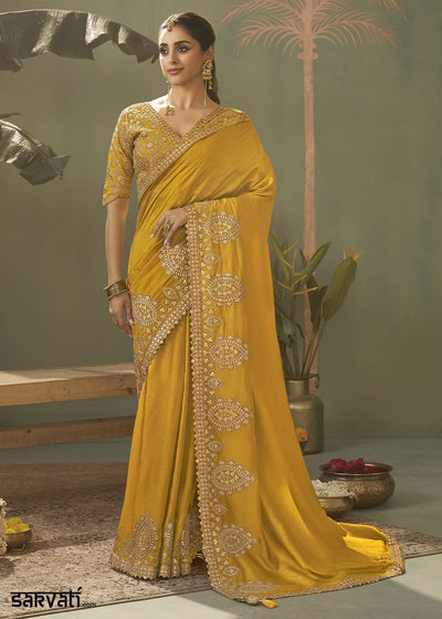 Mustard Yellow Silk Saree with Fine Gota Patti Embellishment