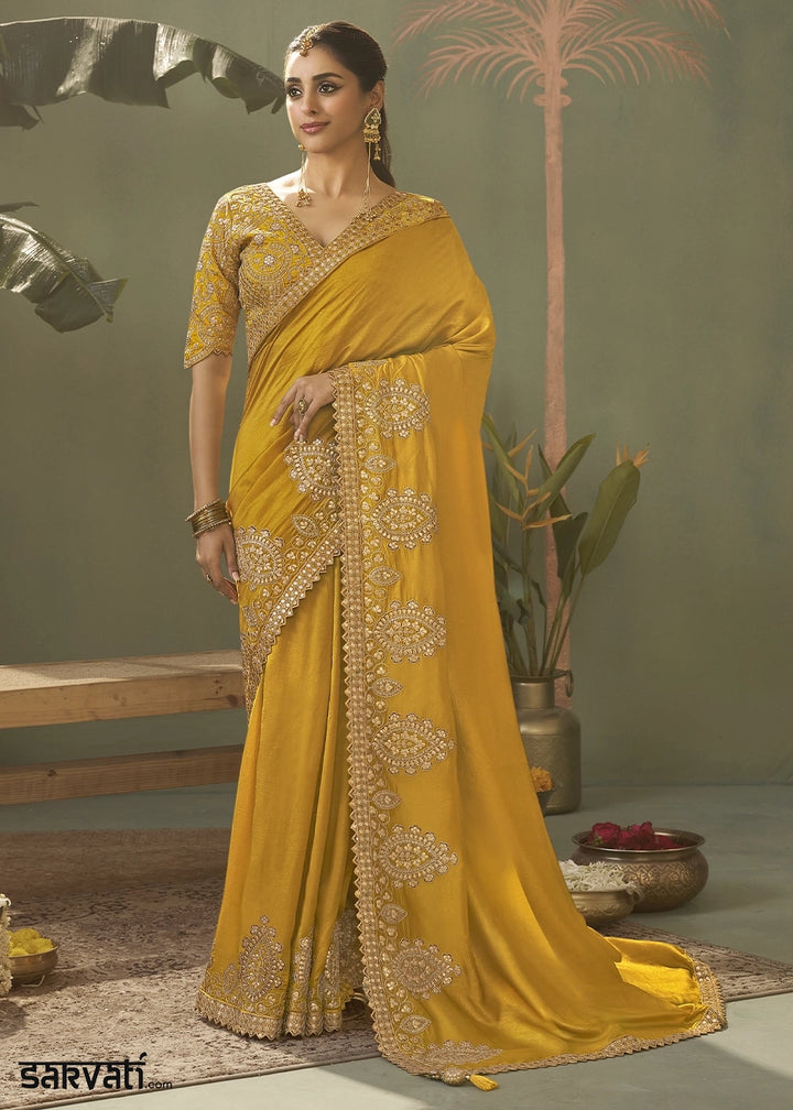 Mustard Yellow Silk Saree with Fine Gota Patti Embellishment