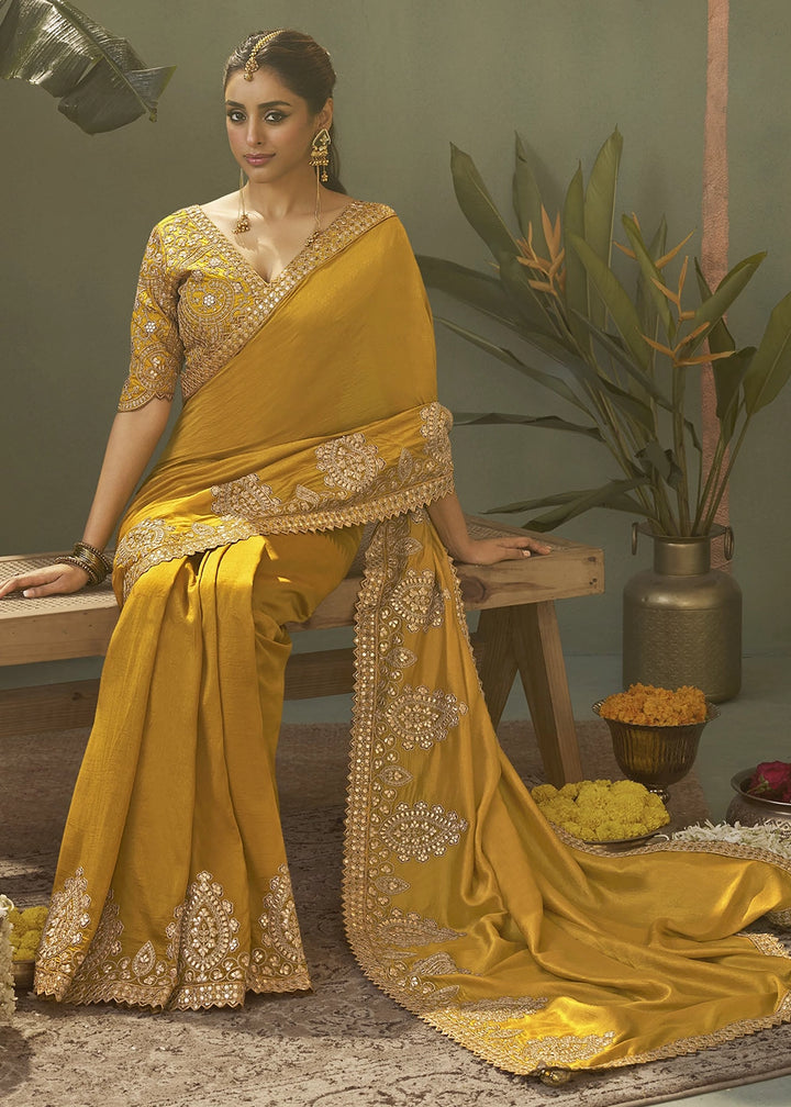 Mustard Yellow Silk Saree with Fine Gota Patti Embellishment