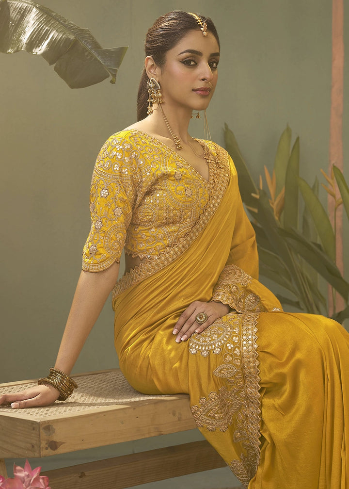 Mustard Yellow Silk Saree with Fine Gota Patti Embellishment