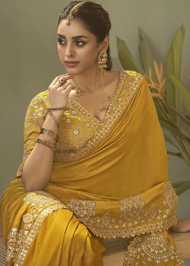 Mustard Yellow Silk Saree with Fine Gota Patti Embellishment