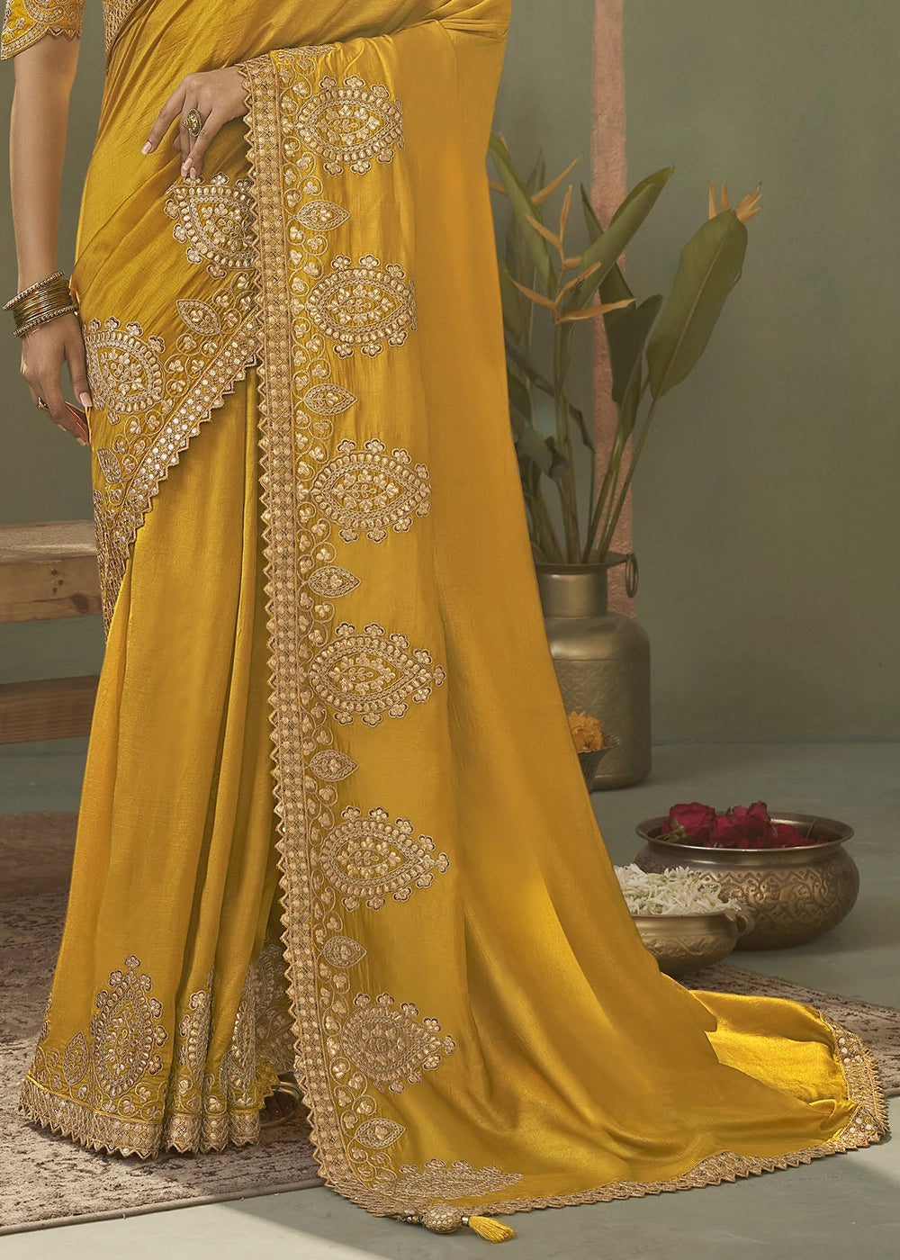 Mustard Yellow Silk Saree with Fine Gota Patti Embellishment
