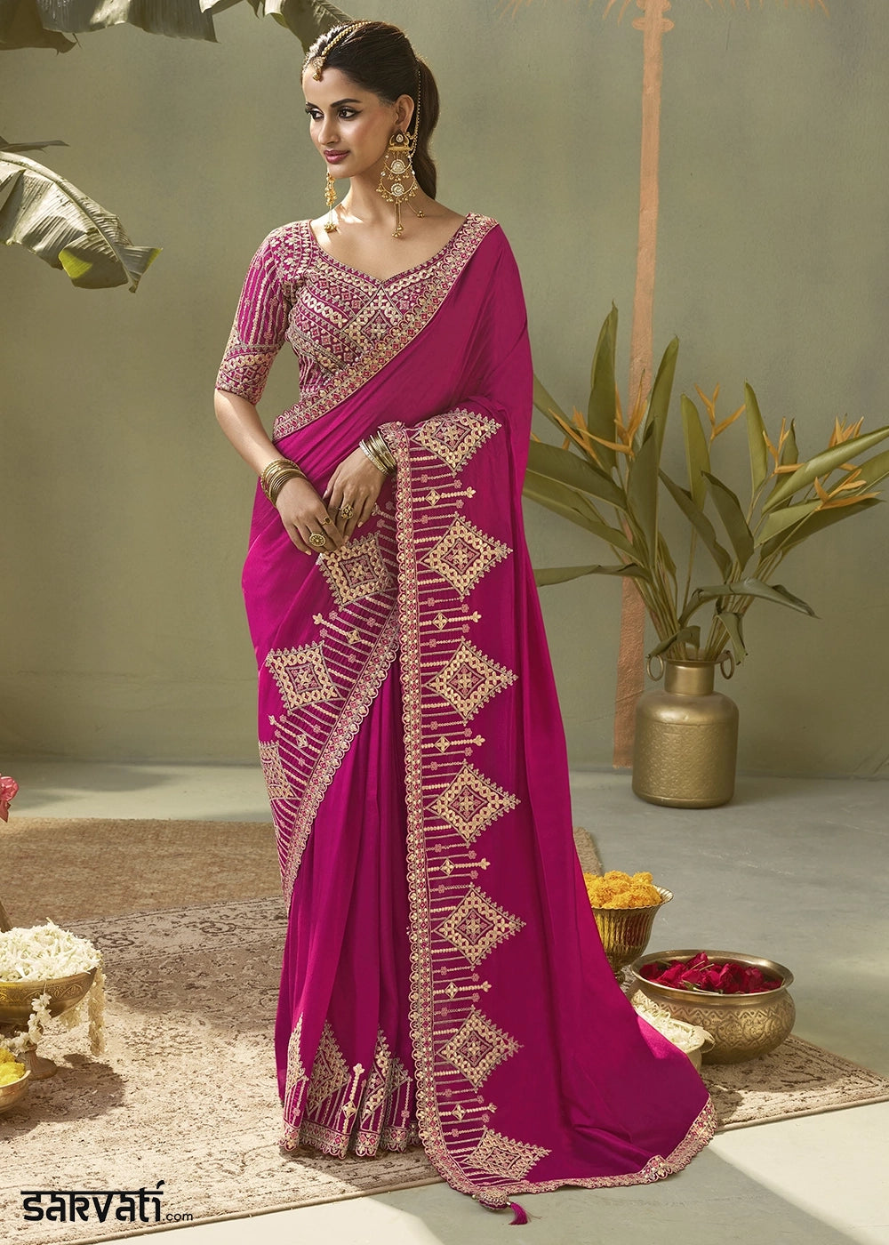Hot Pink Silk Saree with Fine Gota Patti Embellishment