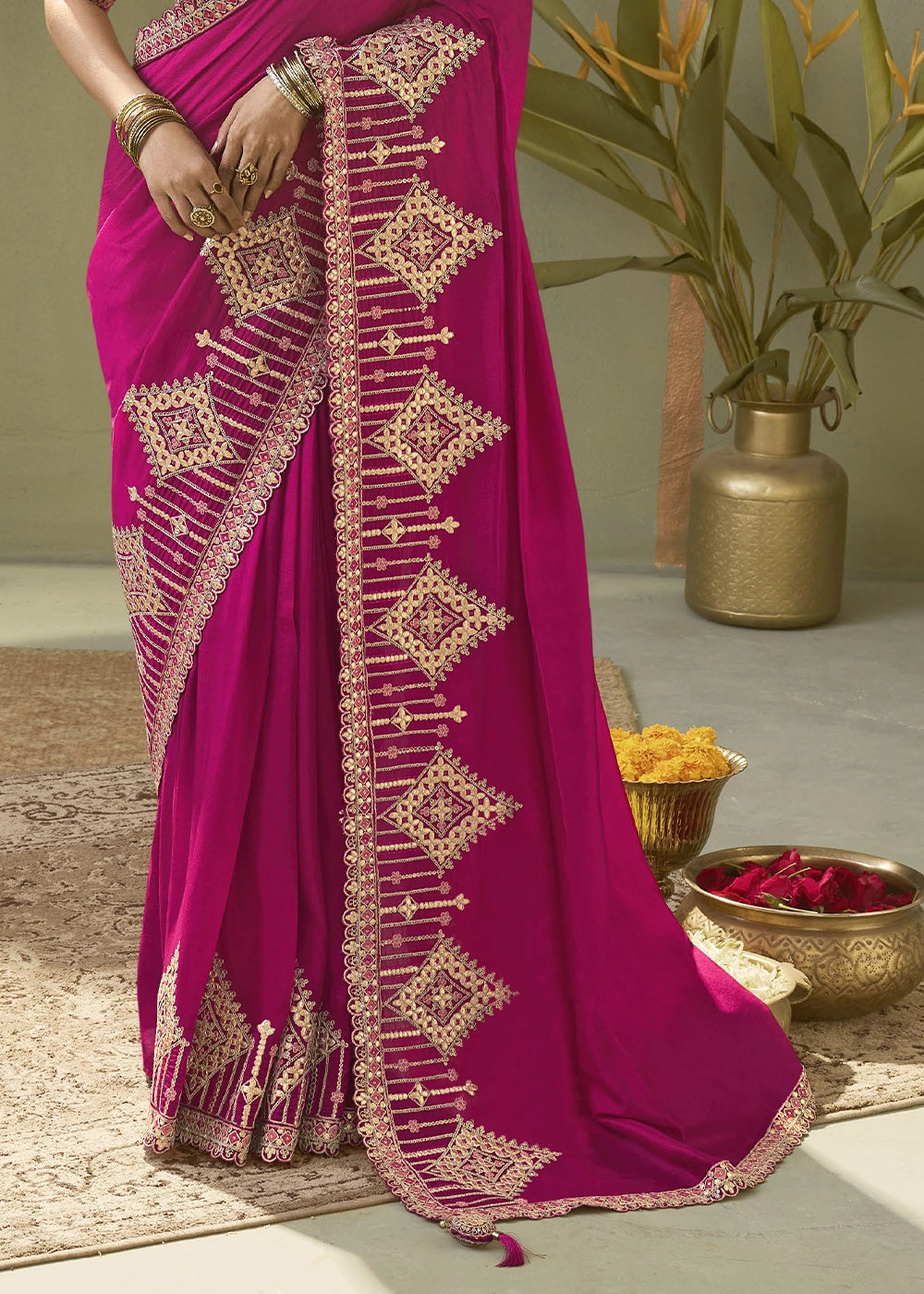Hot Pink Silk Saree with Fine Gota Patti Embellishment