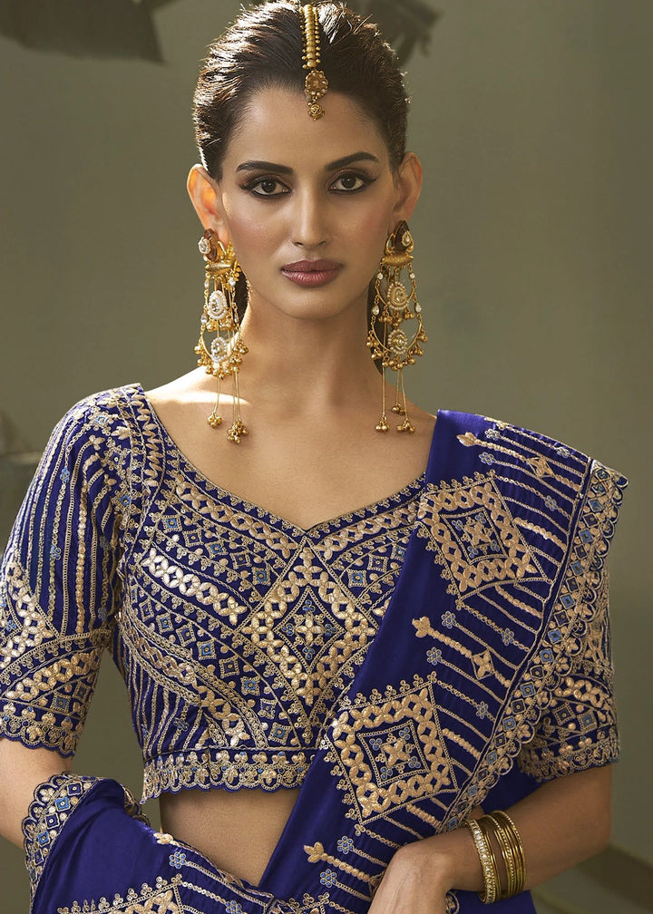 Indigo Blue Silk Saree with Fine Gota Patti Embellishment