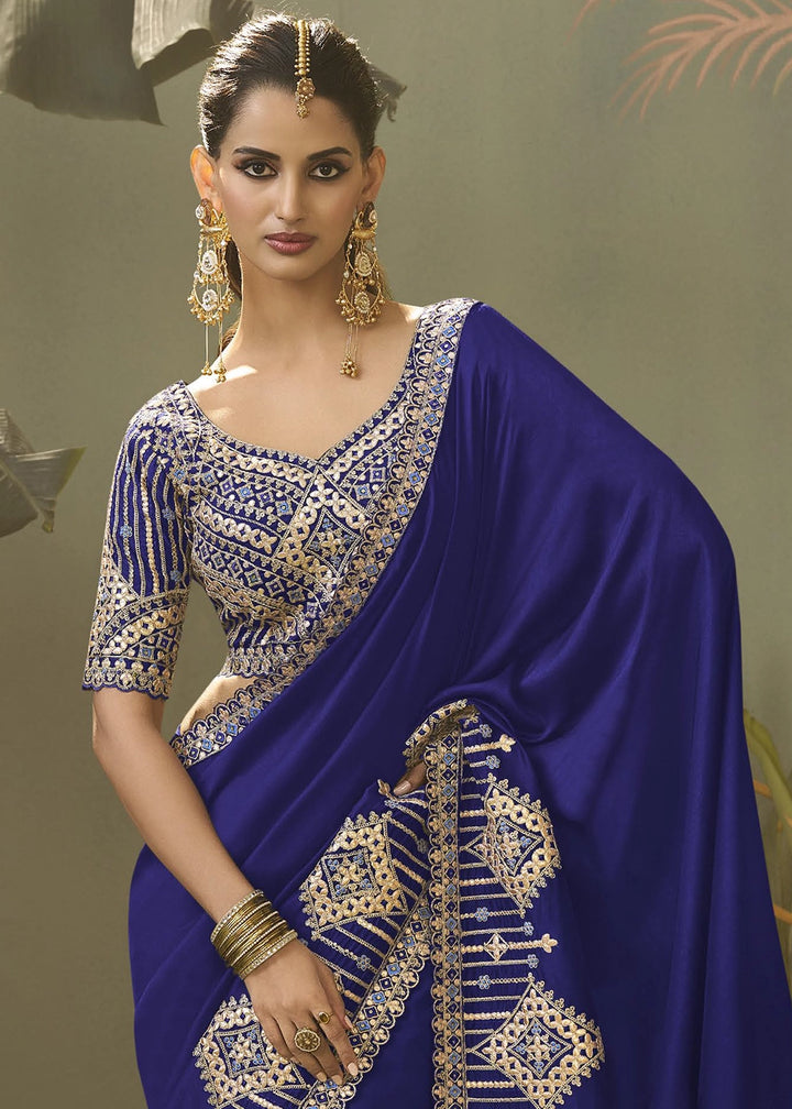 Indigo Blue Silk Saree with Fine Gota Patti Embellishment