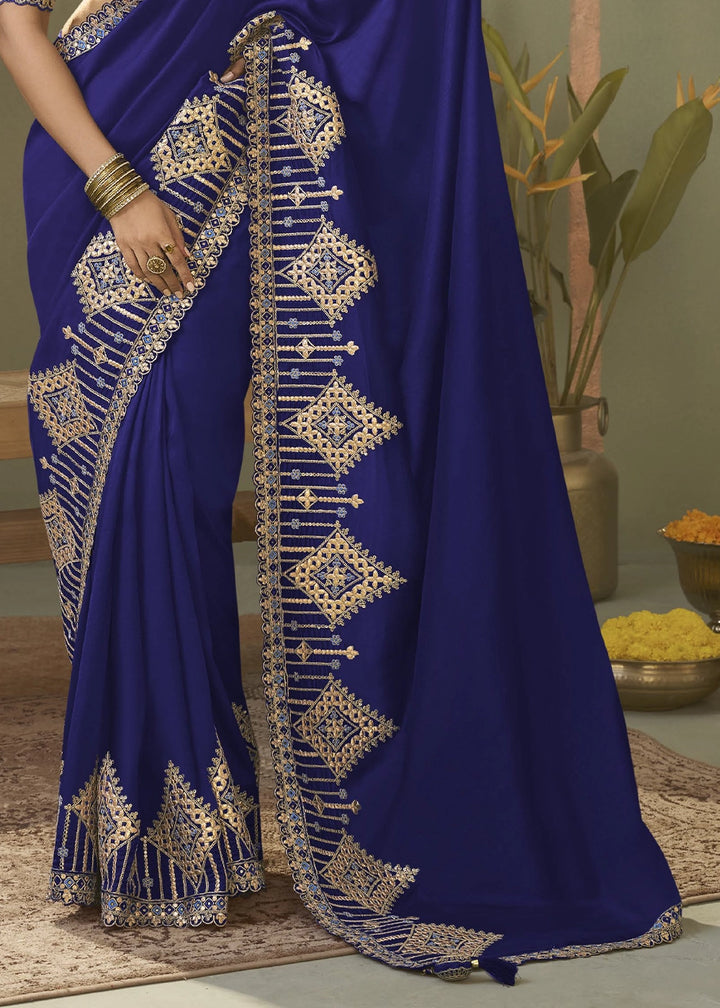 Indigo Blue Silk Saree with Fine Gota Patti Embellishment