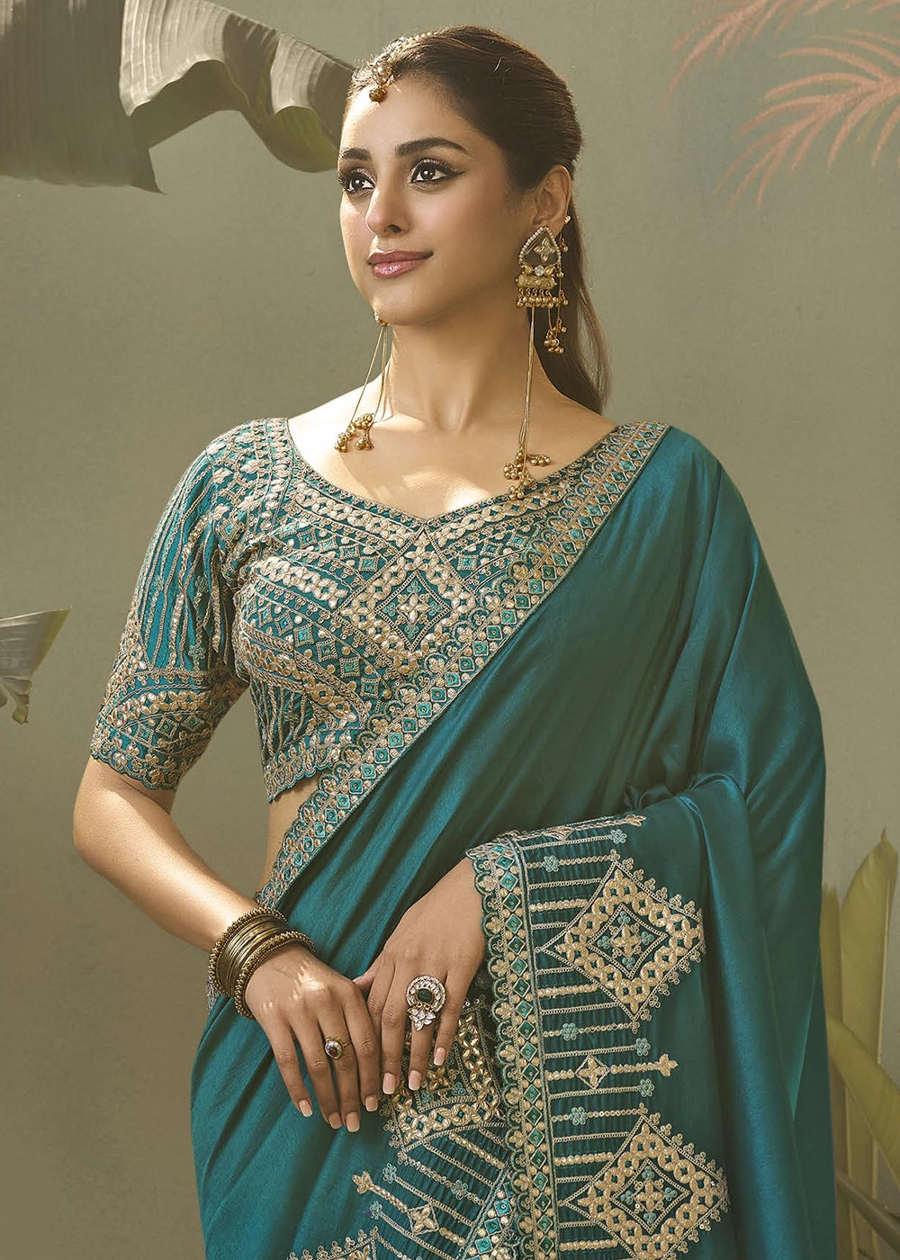Teal Green Silk Saree with Fine Gota Patti Embellishment