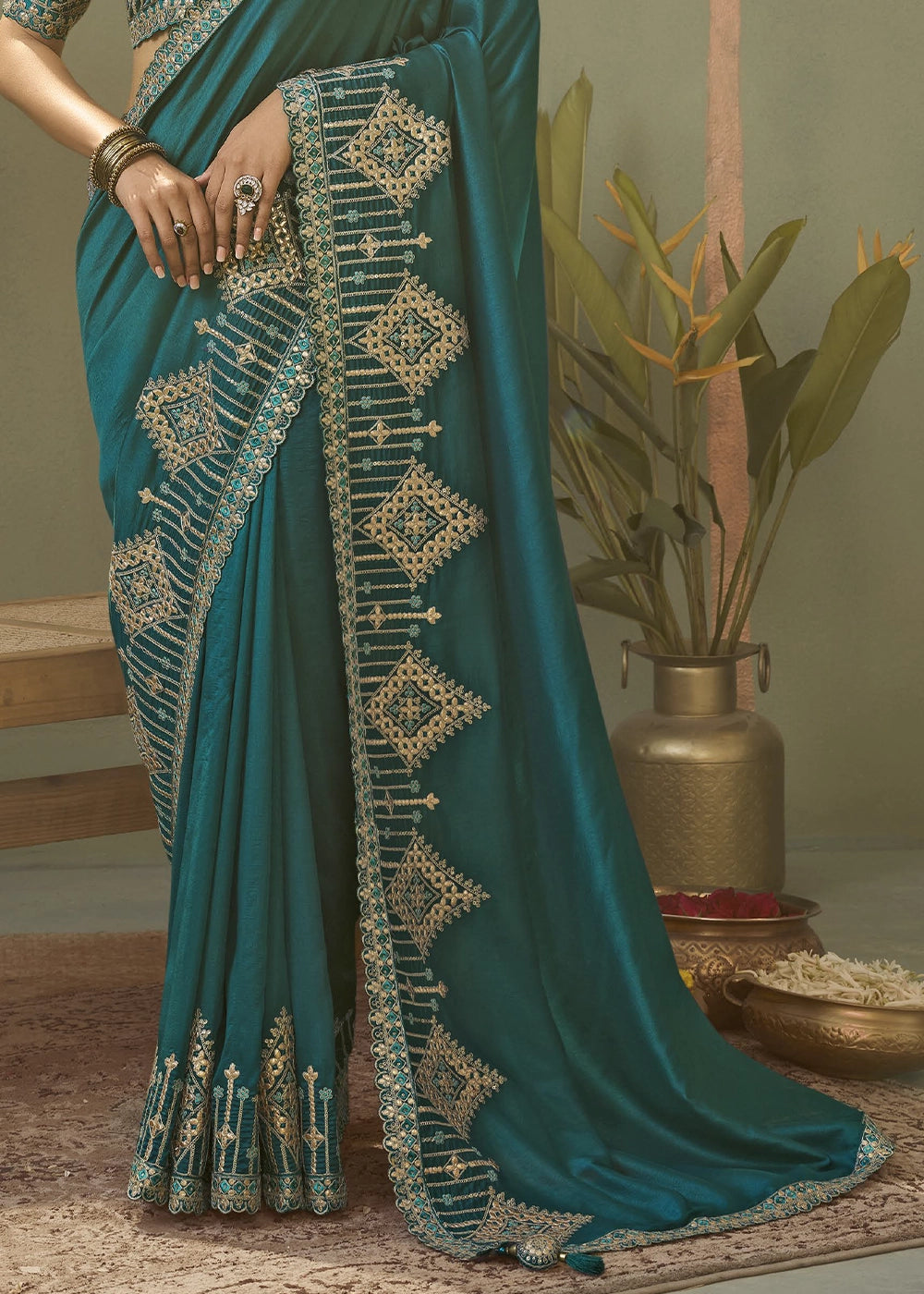 Teal Green Silk Saree with Fine Gota Patti Embellishment