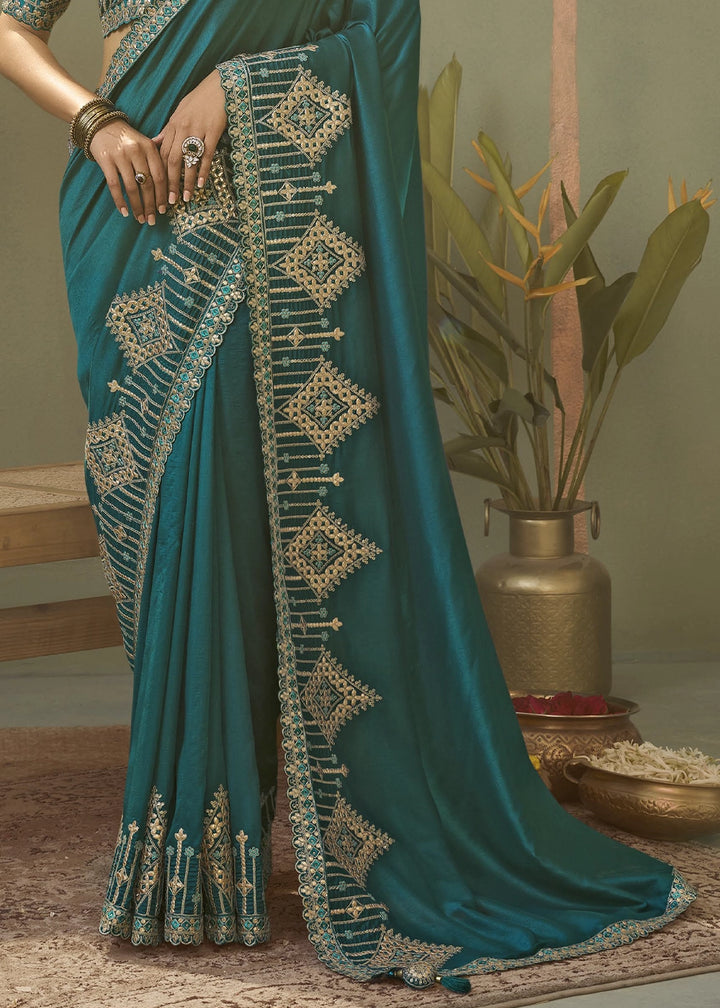Teal Green Silk Saree with Fine Gota Patti Embellishment