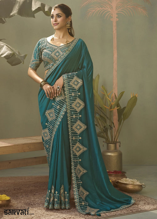 Teal Green Silk Saree with Fine Gota Patti Embellishment