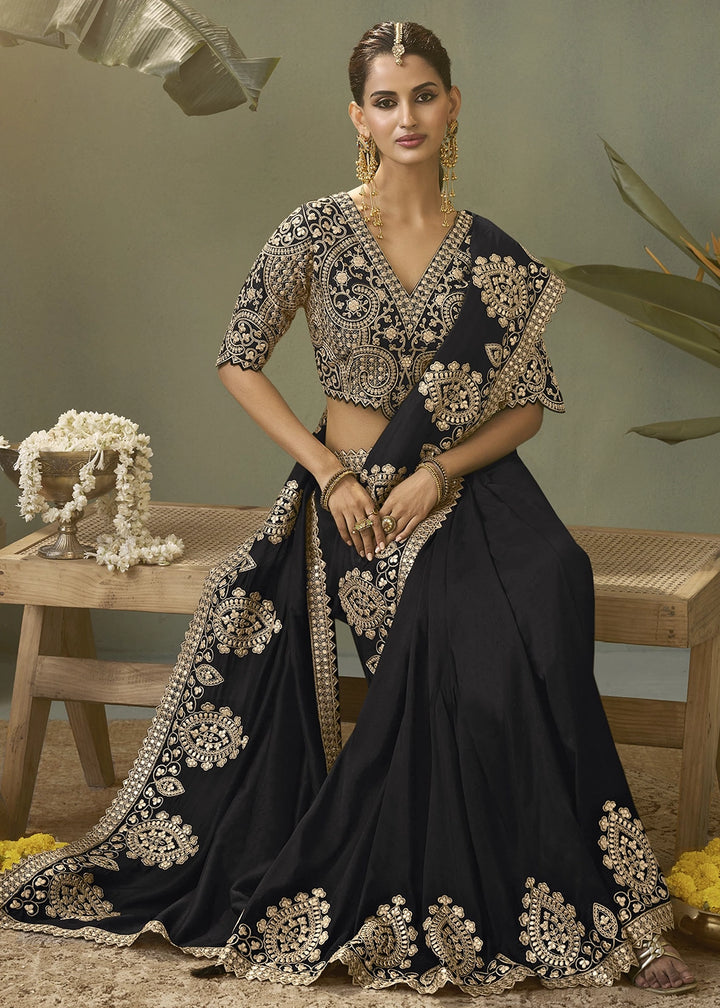 Onyx Black Silk Saree with Fine Gota Patti Embellishment
