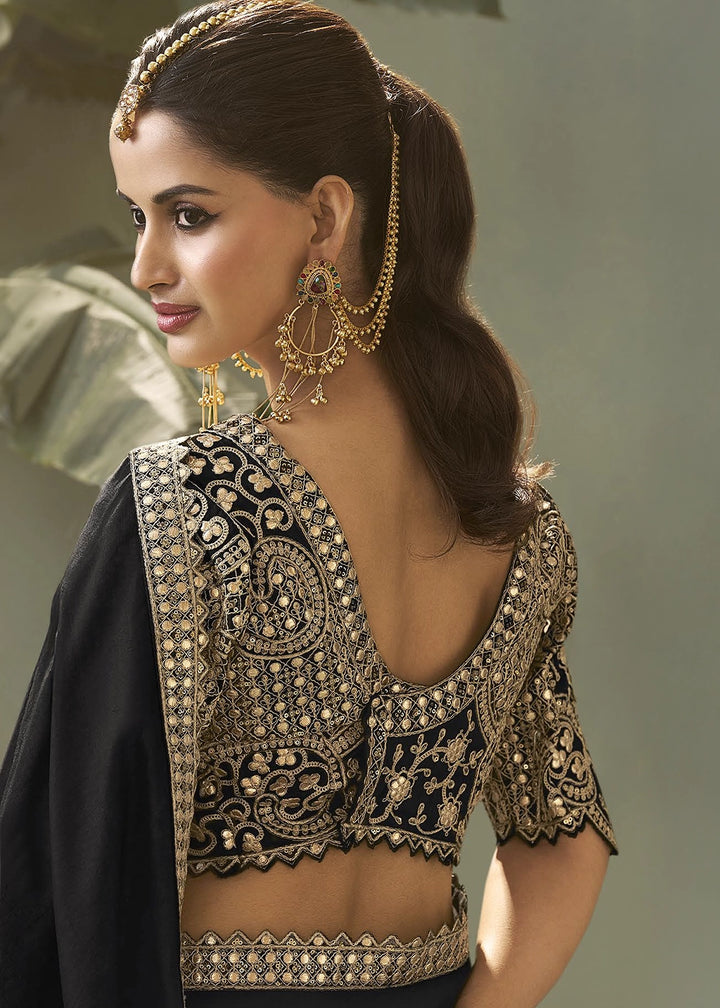 Onyx Black Silk Saree with Fine Gota Patti Embellishment