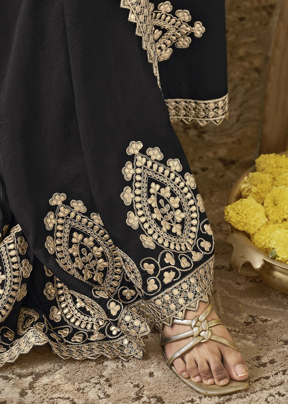 Onyx Black Silk Saree with Fine Gota Patti Embellishment