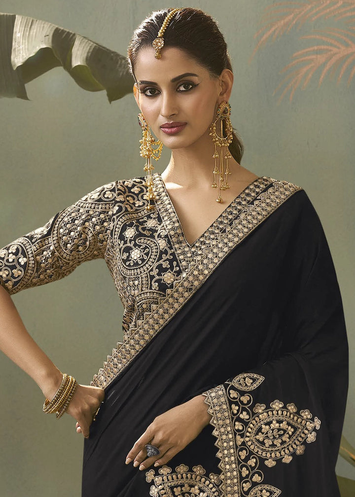 Onyx Black Silk Saree with Fine Gota Patti Embellishment