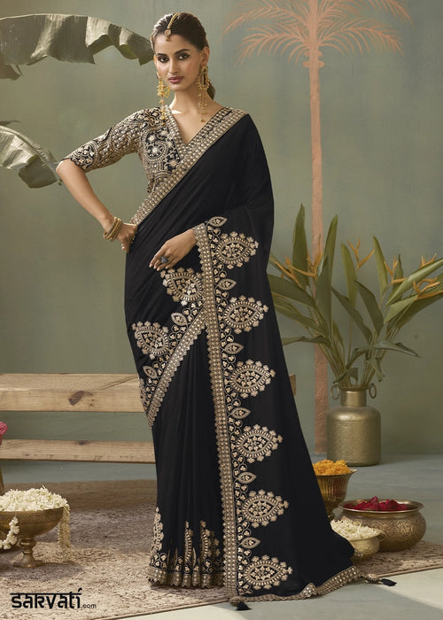 Onyx Black Silk Saree with Fine Gota Patti Embellishment